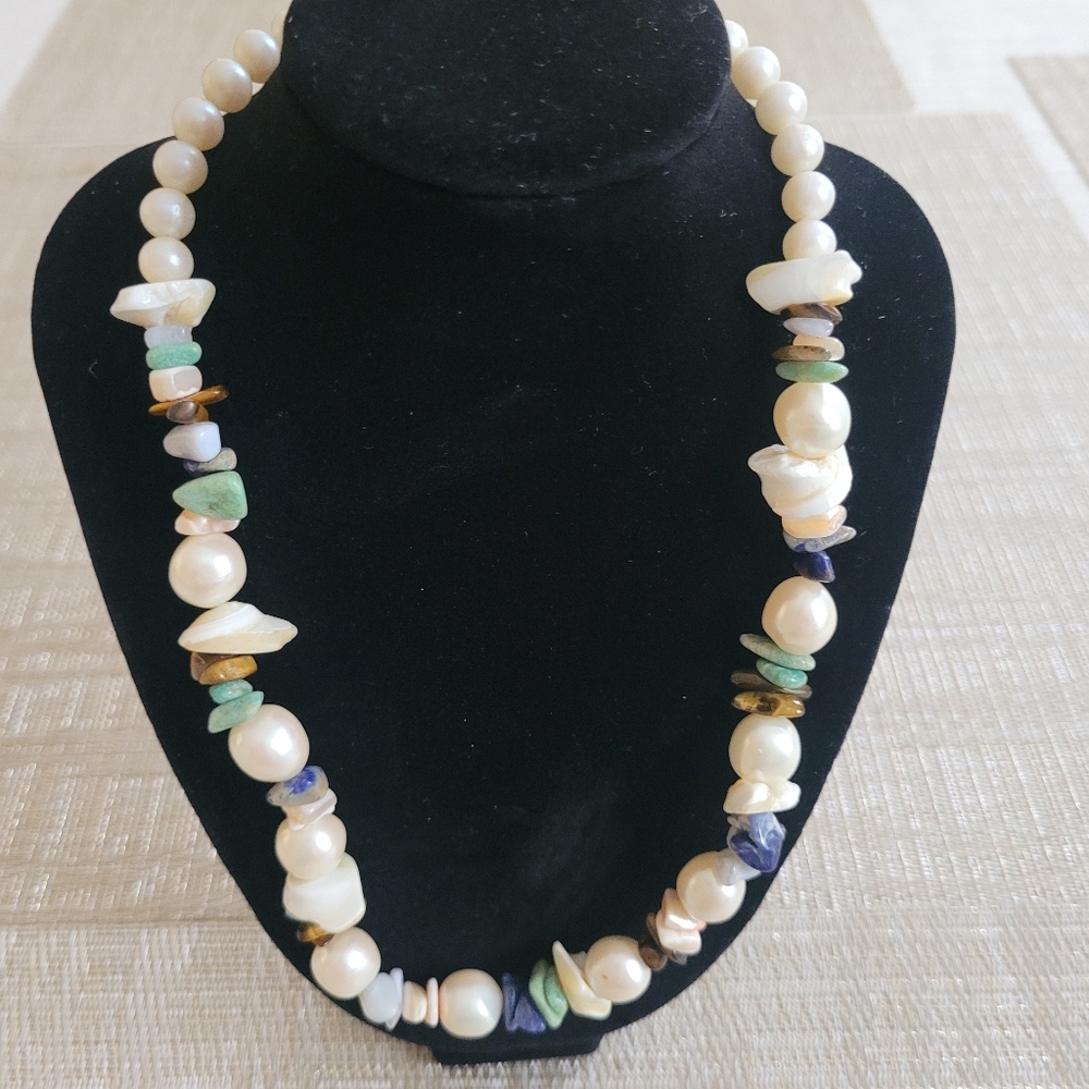 Genuine Artisan Multi-Gemstone Necklace with Freshwater Pearls 18"